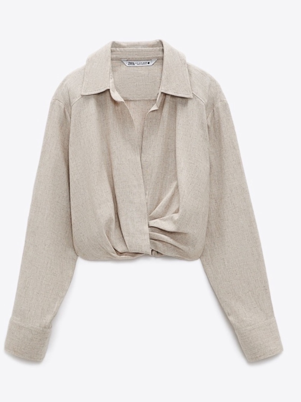 ZARA Neutral Beige Twisted Cropped Shirt